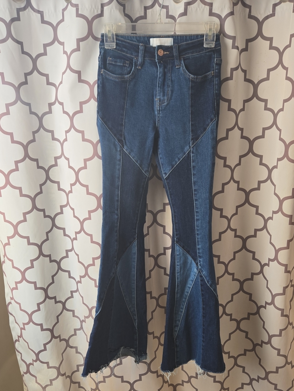 Dark Blue Patchwork Flare Jeans - Women's Wide Leg
